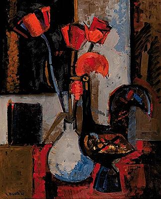 Coq au vase de tulipes.