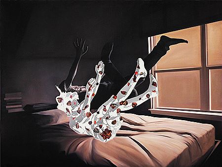 Sample artwork by Arturo Sanchez (Born 1980), known for dark, melancholic oil paintings with collaged glass elements - View similar artists and auction records