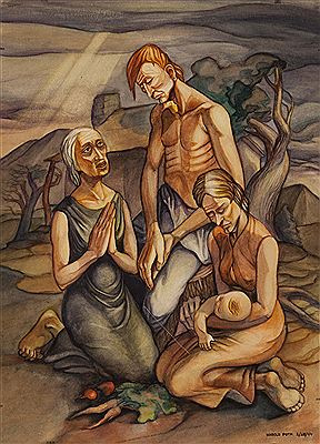 Figure group praying in a field by Hal Poth - Auction record, sale price, and art valuation. Compare with similar artists and explore comparable artworks.