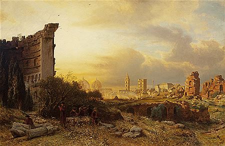 Group of men in Tricorne hats reading amongst ruins
