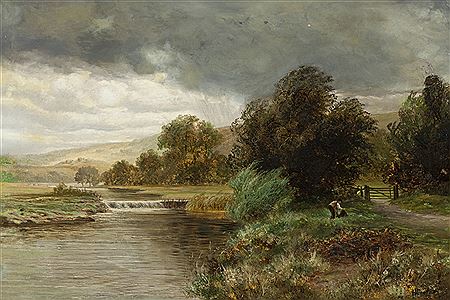 River landscape with figure and distant hills by Harry Goodwin - Auction record, sale price, and art valuation. Compare with similar artists and explore comparable artworks.