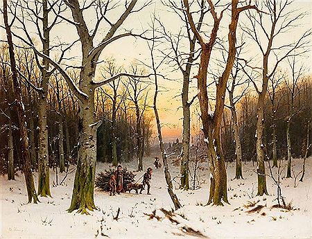 Reisig sammelnde Kinder in lichtem Winterwald bei untergehender Sonne