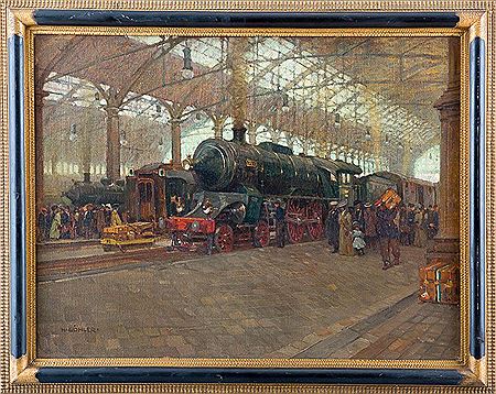 In der Bahnhofshalle. Ankommende Dampflok mit Schneepflug (wohl Nr. 1732). Zahlreiche Passanten und weite Halle mit Stahlkonstruktion by Hermann Gohler - Auction record, sale price, and art valuation. Compare with similar artists and explore comparable artworks.