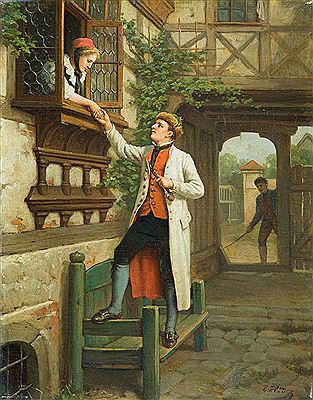 Keine Rose ohne Dornen. Schwälmer Paar, sich am Fenster verabschiedend. In der Toreinfahrt Nebenbuhler mit Stock