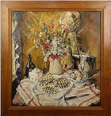 Nature morte aux gauffres et bouquet de fleurs