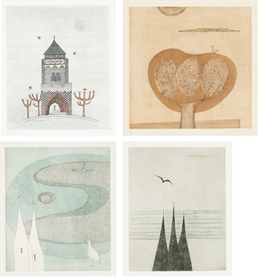 Tower and Girl/ Tree/ Lake and White Bird/ Three Fir Trees (NHK 157/ 46/ 71/ 77) (4) by Keiko Minami - Auction record, sale price, and art valuation. Compare with similar artists and explore comparable artworks.
