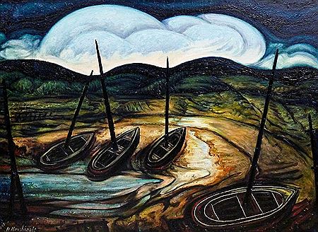 "'Marine View with Four Boats'" by Nicolai Kuvshinoff - Auction record, sale price, and art valuation. Compare with similar artists and explore comparable artworks.