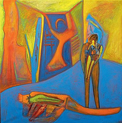 Personnages sur fond bleu