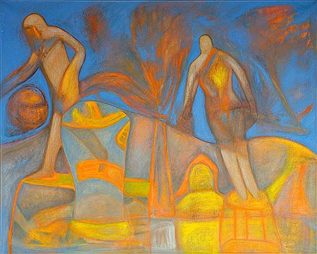 Deux personnages sur fond bleu et jaune