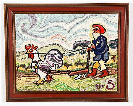 Hooked Rug, depicting a Man Plowing a Field, with the help of a rooster