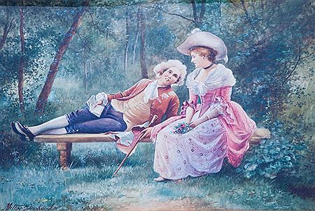 Courting Couple Seated on a Bench at the Edge of a Wood by Albert Milton Drinkwater - Auction record, sale price, and art valuation. Compare with similar artists and explore comparable artworks.