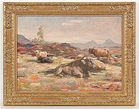 HIGHLAND CATTLE, ON THE MOOR (WITH CANISP AND SUILVEN IN THE DISTANCE) by Andrew A Douglas - Auction record, sale price, and art valuation. Compare with similar artists and explore comparable artworks.