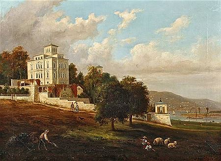 Villa am Elbhang in Dresden-Blasewitz sommerliches Idyll mit Blick, vorbei an Hirten mit Schafen, auf herrschaftliche, klassizistische Villa und terrassierten Garten mit Teehäuschen unter duftig bewölktem Himmel im hellen Sonnenlicht, mittig lugt ein Turm