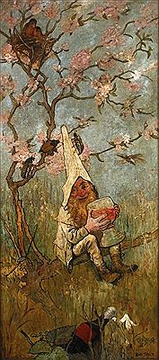 "Frühling" Zwerg mit Weinglas unter blühendem Mandelstrauch mit Maikäfern als Allegorie auf den Frühling, humorvolle, minimal pastose Genremalerei