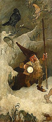 "Winter" Zwerg mit Laterne, von Raben beäugt, in tief verschneiter Nachtlandschaft als Allegorie auf den Winter, humorvolle, minimal pastose Genremalerei