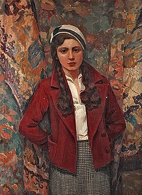 "Elisabeth in roter Jacke" Bildnis einer jungen brünetten Frau mit Zopf und roter Jacke vor gemustertem Vorhang, pastose Malerei mit breitem Pinselduktus und flächigem Farbauftrag