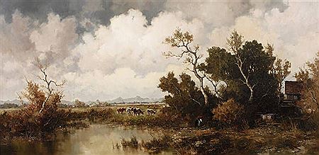 Dachauer Moos Spätsommerlandschaft mit weidenden Rindern und alter Bauersfrau beim Holz sammeln, vorm Bauernhaus in weiter, karger Moorlandschaft bei Dachau, im Hintergrund Dorf mit Dorfkirche unter effektvoll bewölktem Himmel, lasierende, partiell pastos by Ernst Brocker - Auction record, sale price, and art valuation. Compare with similar artists and explore comparable artworks.