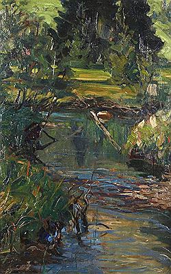 "Moorbach I." sommerliche Uferpartie am Bach, pastose, impressionistische Landschaftsmalerei mit charaktervollem Pinselduktus in kraftvoller Farbigkeit