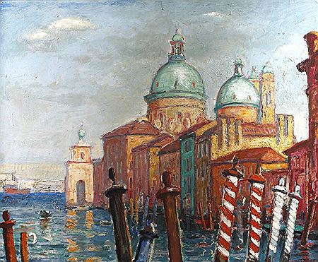 "Venedig" Blick über den Canale Grande auf die Silhouette der italienischen Lagunenstadt mit den Konturen der Kirche Santa Maria della Salute, expressive, stark pastose Malerei mit breitem Pinselduktus und flächigem Farbauftrag