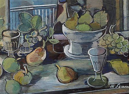 Tafelstillleben lockeres Arrangement verschiedener Früchte, wie Trauben, Birnen und Äpfeln, zwischen Gläsern, einer Fußschale sowie einer Glasflasche vor Fensterausschnitt by Willy Semm - Auction record, sale price, and art valuation. Compare with similar artists and explore comparable artworks.
