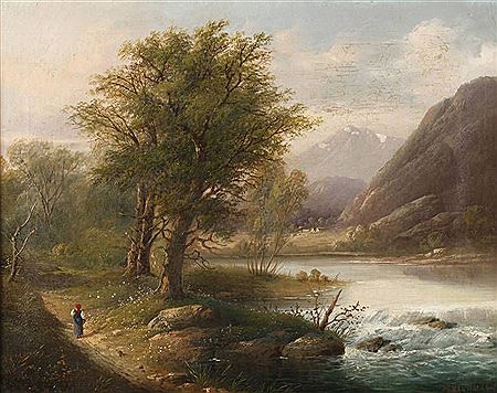 Partie am Zirknitzer See Blick auf das von saftigem Grün gesäumte klare Gewässer am Fuße eines Bergmassivs, an dessen Ufer eine einsame Bäuerin vorbei spaziert, spätromantische, lasierende Landschaftsmalerei by Minna Bachmann - Auction record, sale price, and art valuation. Compare with similar artists and explore comparable artworks.