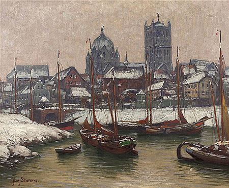 Ansicht von Neuss winterliche Vedute mit Darstellung des Quirinus-Münsters, dem berühmten Wahrzeichen der nordrhein-westfälischen Stadt, im Vordergrund ankernde Barken auf dem Erftkanal, pastos gearbeitete Vedutenmalerei in gedecktem Kolorit