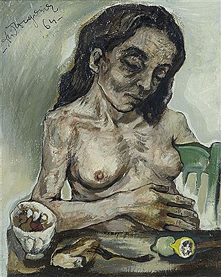 Femme nue attablée