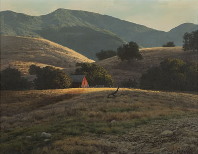 Rolling landscape with red barn