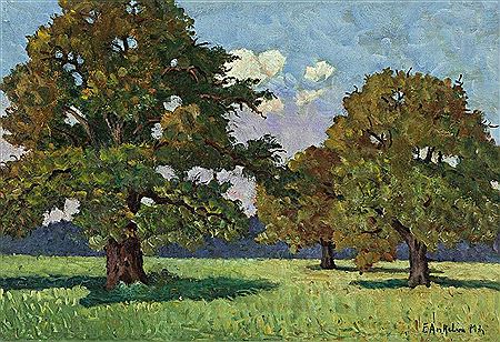 Blick in weite Wiesenlandschaft zur Mittagsstunde, mit knorrigen Laubbäumen im Vordergrund by Eugen Ankelen - Auction record, sale price, and art valuation. Compare with similar artists and explore comparable artworks.