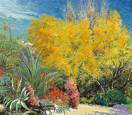 Blick in einen sonnenbeschienenen Garten in Chile mit voll erblühtem Forsythienstrauch, begleitet von Agaven, Mimosen und Lavendelblüten, hinterfangen, von einem blauen Himmel by Pablo Schouboe - Auction record, sale price, and art valuation. Compare with similar artists and explore comparable artworks.