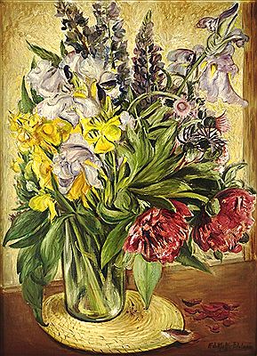 Reichhaltiger Sommerblumenstrauß in zylinderförmiger Glasvase by Fridel Dethleffs-Edelmann - Auction record, sale price, and art valuation. Compare with similar artists and explore comparable artworks.