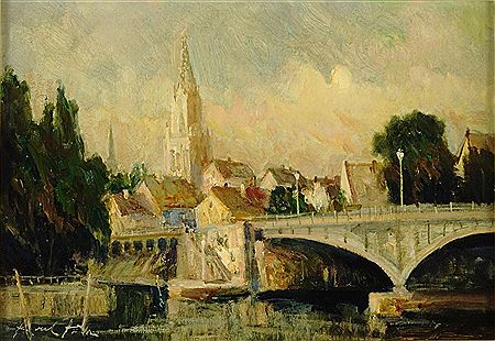 Konstanz. Blick über die Brücke auf das Münster von Konstanz vor wolkenreichem Hintergrund