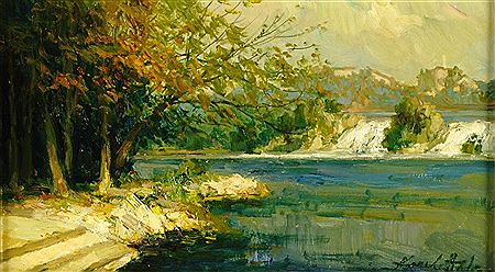 Der als extremes Querformat angelegte Bildausschnitt zeigt in impressionistischer Bildauffassung den Rheinfall bei Schaffhausen. Im Bildhintergrund sind Teile der Stadt zu erkennen