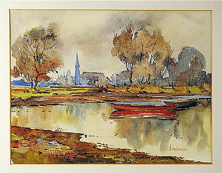 Herbstliche Uferlandschaft mit Dorfsilhouette