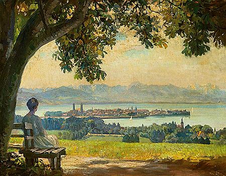 Wasserburg a.B. Unter einer alten Kastanie hat sich eine elegante Dame im Schatten des Baumes zur Rast niedergelassen. Sie blickt vom Hoyerberg über die Inselstadt Lindau und den Bodensee auf die jenseits gelegenen Alpen