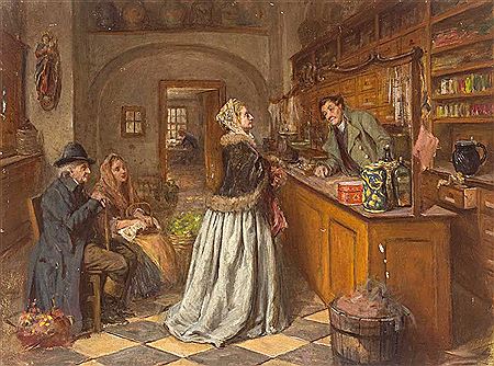 Blick in eine Apotheke mit wartenden Kunden und Apotheker