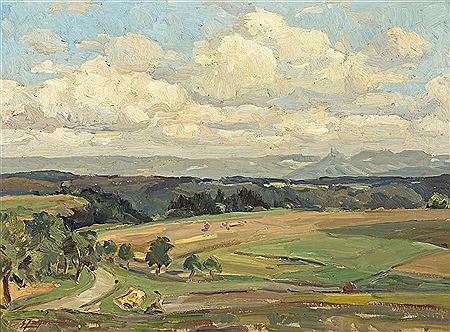 "Zollernlandschaft bei Mühringen (Horb) Juli 1938". Blick über Felder, auf denen Bauern ihrer Tätigkeit nachgehen, auf eine sanfte Hügelkette im Hintergrund, die vom Schloss Hohenmühringen überragt wird
