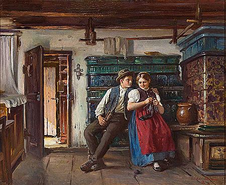 Junges Paar in Tracht in der Stube am Kachelofen sitzend by Carl Kricheldorf - Auction record, sale price, and art valuation. Compare with similar artists and explore comparable artworks.