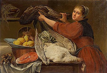 Küchenmagd mit Fischen, Gans und Zitronen in Schale