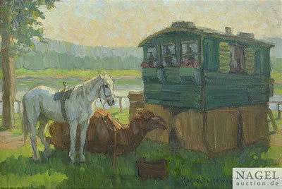 Circus caravan with a horse and a camel. by Joseph Kerschensteiner - Auction record, sale price, and art valuation. Compare with similar artists and explore comparable artworks.