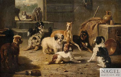 A dog meeting in a stable.
