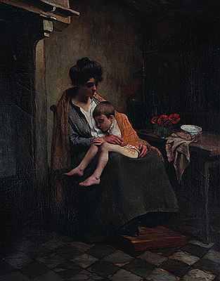 A Cottage Interior, with a Mother and Child