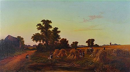 The Harvest Field”, figures in the fields, with a Church in the distance