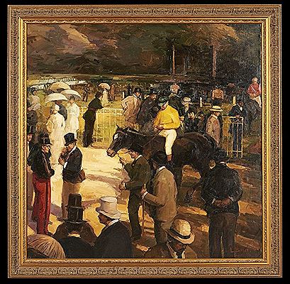 "At the Racetrack" by Louis Basset - Auction record, sale price, and art valuation. Compare with similar artists and explore comparable artworks.