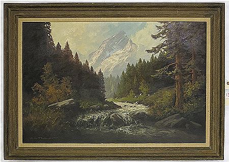 Alpine landscape with forest and river by J H Thomas - Auction record, sale price, and art valuation. Compare with similar artists and explore comparable artworks.