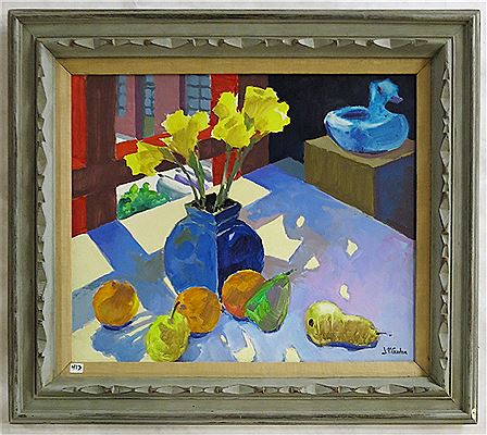 Tulips and fruit, table-top still life