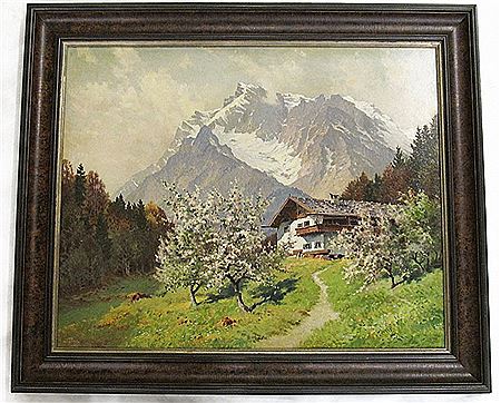 Alpine landscape with cabin and flowering trees. by Josef Sussmeier - Auction record, sale price, and art valuation. Compare with similar artists and explore comparable artworks.
