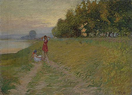 Ragazze lungo l'argine del fiume