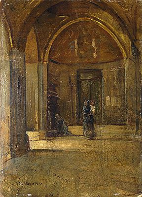 Interno di chiesa con madre e figlio