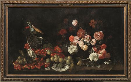 FIORI IN UN VASO DI CRISTALLO, CILIEGIE E CARAMICHE